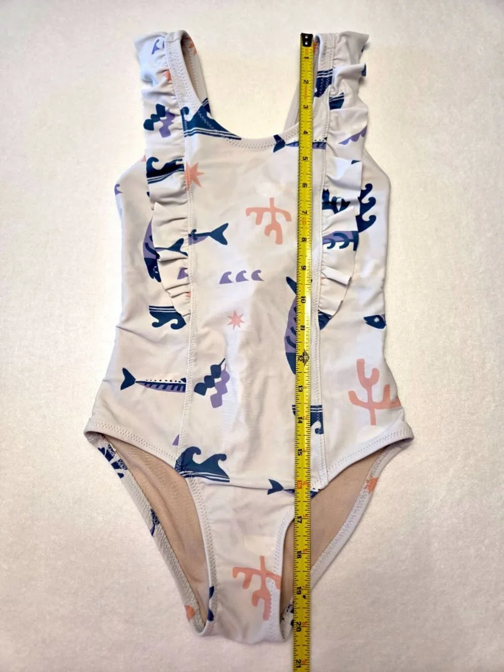 Tea Collection Girls Ruffle One Piece Swimsuit Off-White Print Girls Size 6